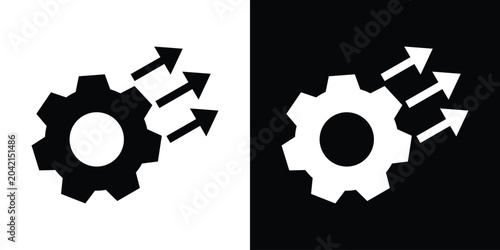 Foto Industrial cog wheel icon paired with three diagonal ascending arrows, symbolizing mechanical progress, technical scaling, productivity increase, and engineering development
