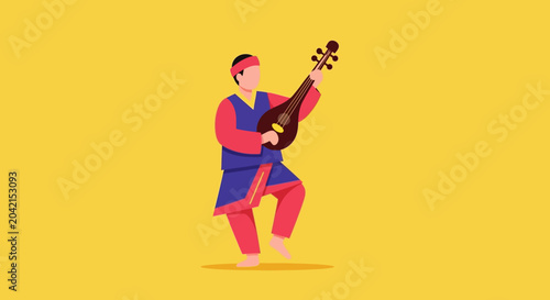 Foto Man playing traditional string instrument in colorful ethnic costume