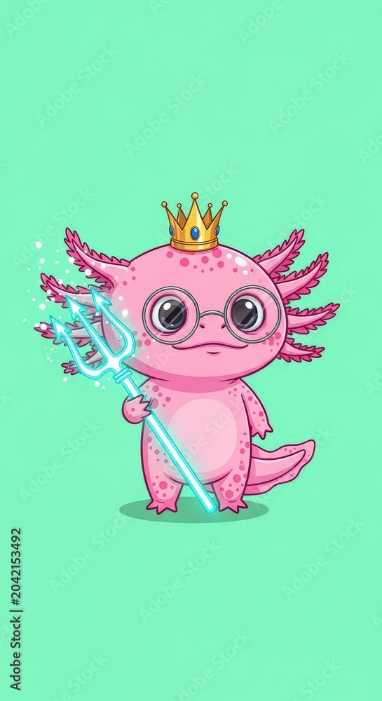 Fototapeta premium Pink Cartoon Axolotl King Illustration Wearing a Gold Crown and Glasses Holding a Glowing Trident