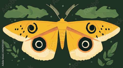 Symmetrical yellow-orange moth with bold eye-spots against a dark green backdrop