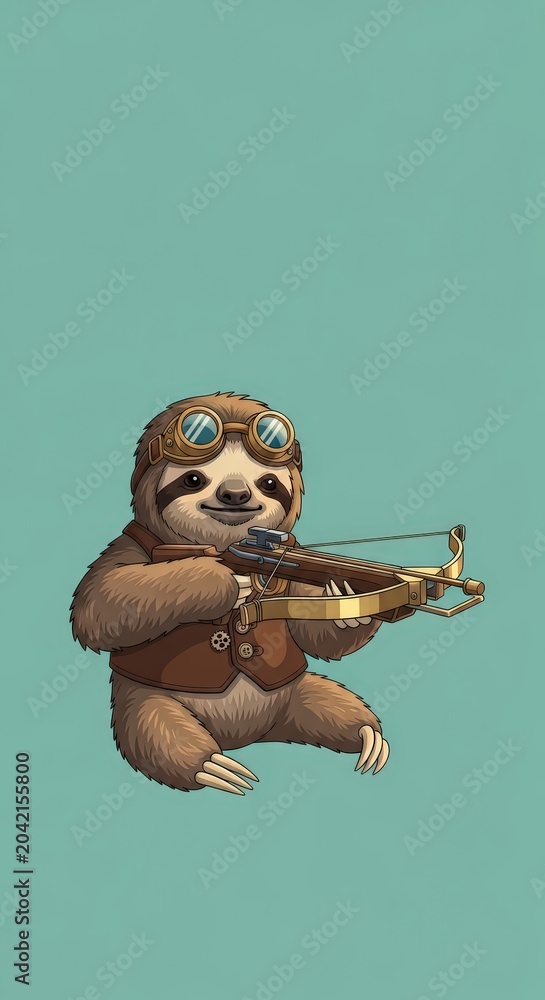 Fototapeta premium Steampunk Sloth Character wearing Goggles and Vest Holding a Crossbow Illustration