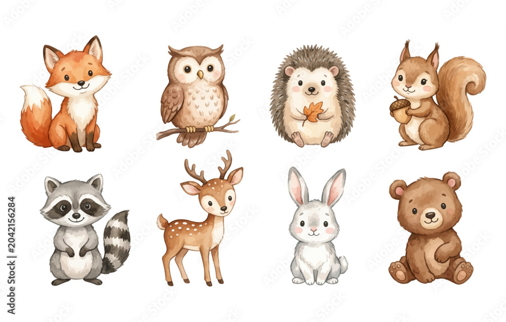 Obraz premium Forest Animals Watercolor Vector Set with Fox Owl Hedgehog and Squirrel