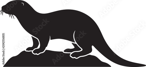 Bild auf Leinwand Black silhouette of an otter standing on a rock isolated on a white background, minimalist animal vector illustration for nature and wildlife design projects
