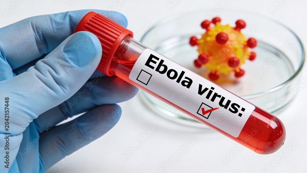 Fototapeta premium Ebola Virus medical test tube with blood sample, laboratory analysis and microscopic view of virus structure in petri dish, medical research and diagnosis