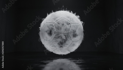 Soccer ball smoke sphere white dense swirling abstract dark background Soccer ball formed by dense swirling white smoke perfect sphere shape, floating over dark reflective surface, dramatic