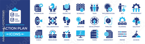 Action Plan icon set. Containing design Action Plan, Strategy, Objective, Schedule, Team. Solid icon collection.