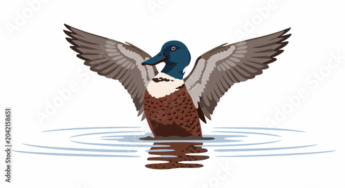 Colorful duck with wings spread wide emerges from rippling water