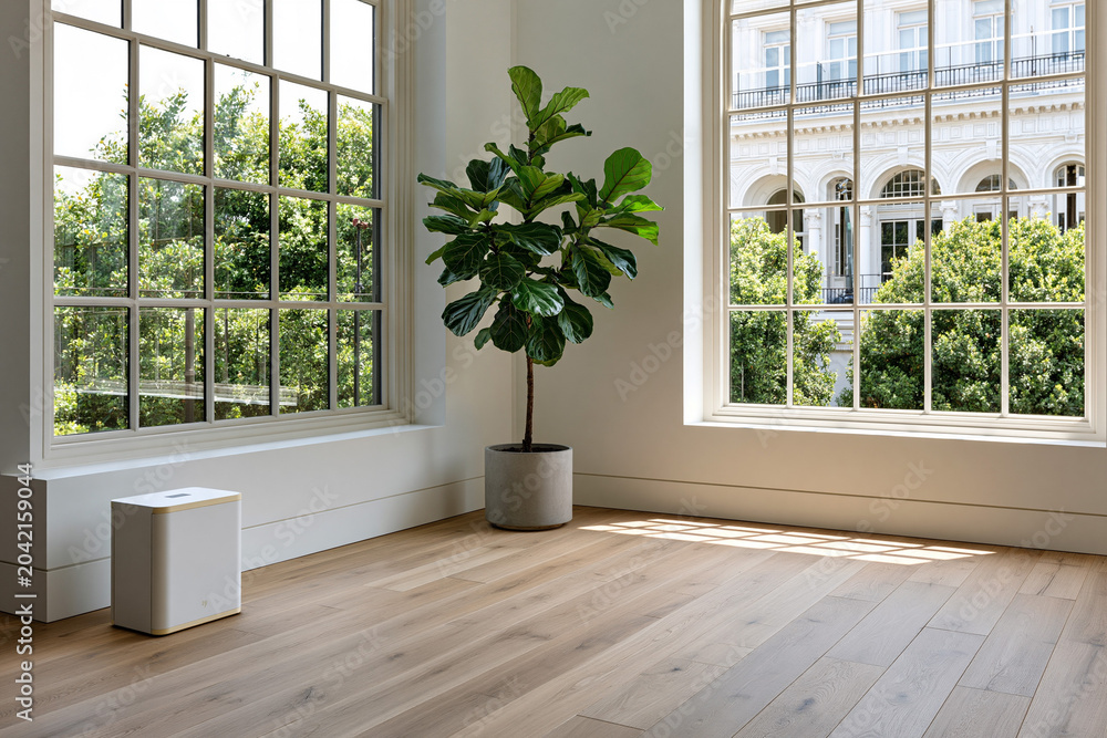 Fototapeta premium Bright room with large windows and a plant on the floor during daylight hours