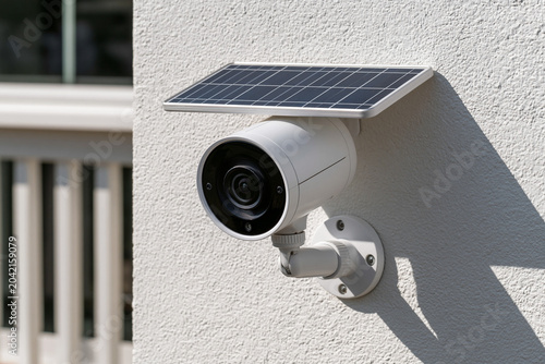 Solar powered security camera installed on wall during daytime
