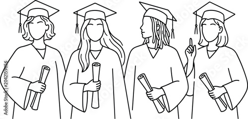 Graduating Students Group, Graduation Ceremony Line Art, Academic Success Vector, Graduate Students Holding Diplomas, University Graduation Outline Illustration