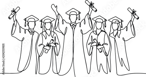 Graduation Celebration Group, Happy Graduates Line Art, Academic Success Vector, Graduates Throwing Caps, University Graduation Celebration Outline Illustration.