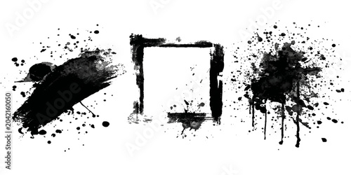 Quadro su tela Abstract black ink brush strokes and splatter, forming a distressed grungy frame with a blank square in the center