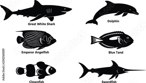 Marine Animal Silhouettes, Shark Dolphin Fish Collection, Ocean Wildlife Vector, Sea Creatures Set, Dolphin Shark Fish Icons, Marine Life Silhouette Bundle.
