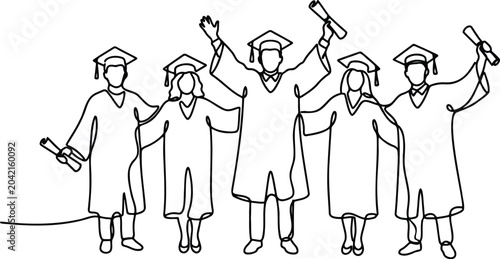 Graduate Students Walking Together, Graduation Ceremony Outline Vector Illustration, Academic Success Group, University Graduates Line Art Character Collection.