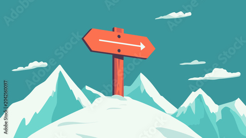 A wooden signpost with a red directional arrow pointing right stands atop a snow-covered mountain peak against a blue sky with sparse clouds