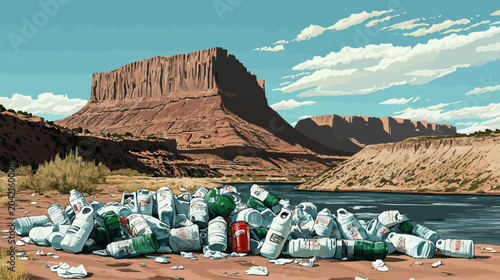 A red rock formation, similar to Monument Valley, overlooking a river with scattered trash, under a clear blue sky, highlighting environmental neglect amid stunning geological beauty