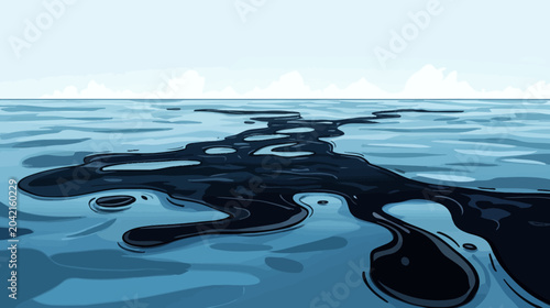 Surging dark oil slices through cerulean waves, blending with azure sea under pale sky with distant island