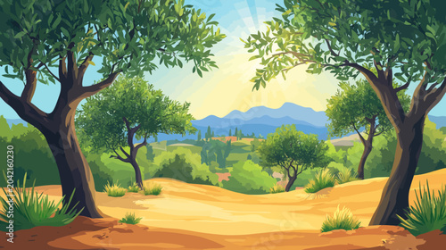 Serene landscape with lush trees, sunlit path, distant mountains, and vibrant sunset hues in a vibrant digital painting style. Warm earthy tones, detailed foliage, and tranquil atmosphere