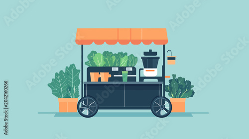 A black food cart with a yellow canopy sells fresh vegetables and smoothies on a light blue background