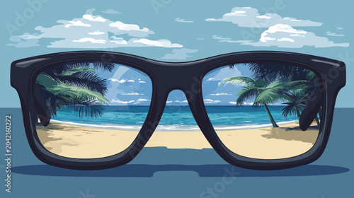 A pair of black sunglasses reflects a tropical beach scene with palm trees, azure ocean, sandy shore, and a clear sky featuring scattered clouds