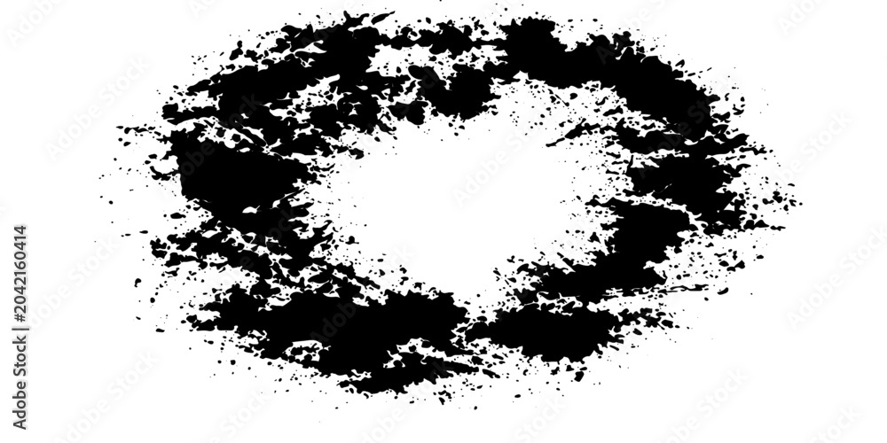 Fototapeta premium A black ink splatter forms an abstract circular shape, resembling a dirty halo or a cosmic explosion, against a stark white background.