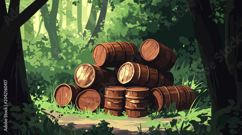 Vintage wooden barrels stacked in a lush, shaded forest glade