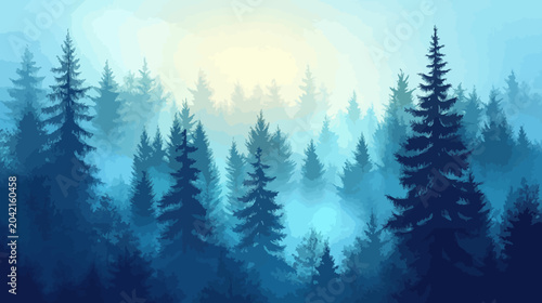 Serene forest with misty gradient peaks, towering dark trees against soft light, ethereal twilight or morning calm. Tranquil, depth of field