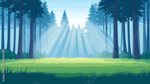 Serene forest with sunlight beams filtering through tall trees, lush greenery, and soft gradients evoking tranquility