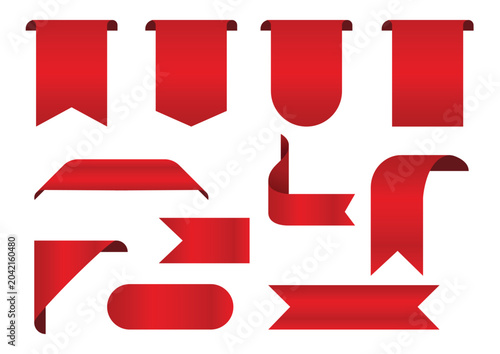 Red ribbon banners and blank labels set, isolated vector illustration of shiny red satin gradient tags, corner ribbons, and geometric emblems.
