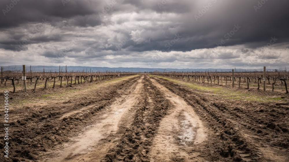 Fototapeta premium Deep tire tracks mark a muddy rural lane dividing dormant grape cultivation rows under a brooding overcast sky