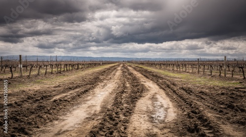 Deep tire tracks mark a muddy rural lane dividing dormant grape cultivation rows under a brooding overcast sky