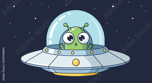 Фотография Cute alien in flying saucer, space travel, cartoon style
