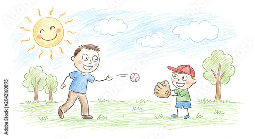 Childlike colored pencil drawing for fathers day, kid's gift card with dad, 父の日 お父さん 子供のイラスト 色鉛筆 Vatertag fête des pères