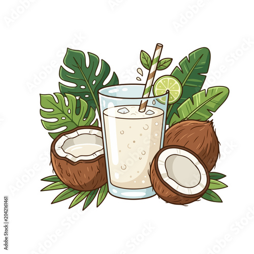 Fresh Coconut Juice Flat Vector Illustration