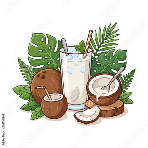 Fresh Coconut Juice Flat Vector Illustration