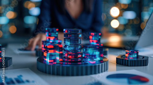 Abstract server model with neon light on desk, data center concept in dark office