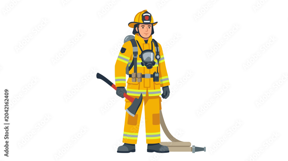 Fototapeta premium Brave firefighter ready for action in full gear with axe and hose