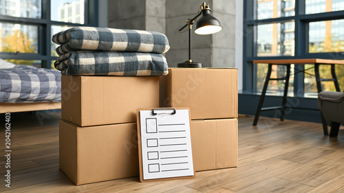 College move in scene with cardboard box, blanket, lamp, desk, and checklist in modern room