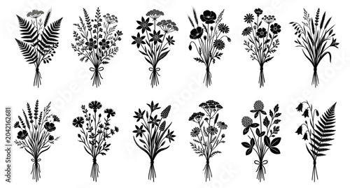 Tableau sur toile Hand Drawn Wildflower Silhouette Bouquet Set with Gagea Muscari Meadow Flowers a