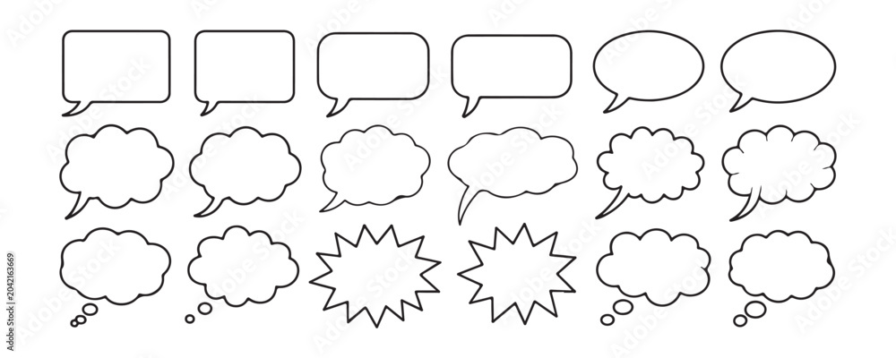 Fototapeta premium Selection of hand drawn style comic speech bubbles and thought clouds with irregular outlines on transparency.