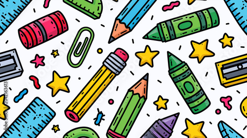 Hand drawn school supply seamless pattern with pencil, ruler, eraser, paper clip, star, colorful doodle style