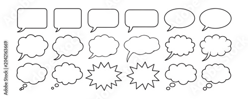 Selection of hand drawn style comic speech bubbles and thought clouds with irregular outlines on transparency.
