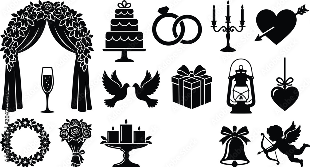 Naklejka premium Black and white of various religious symbols and cross crucifix dove des