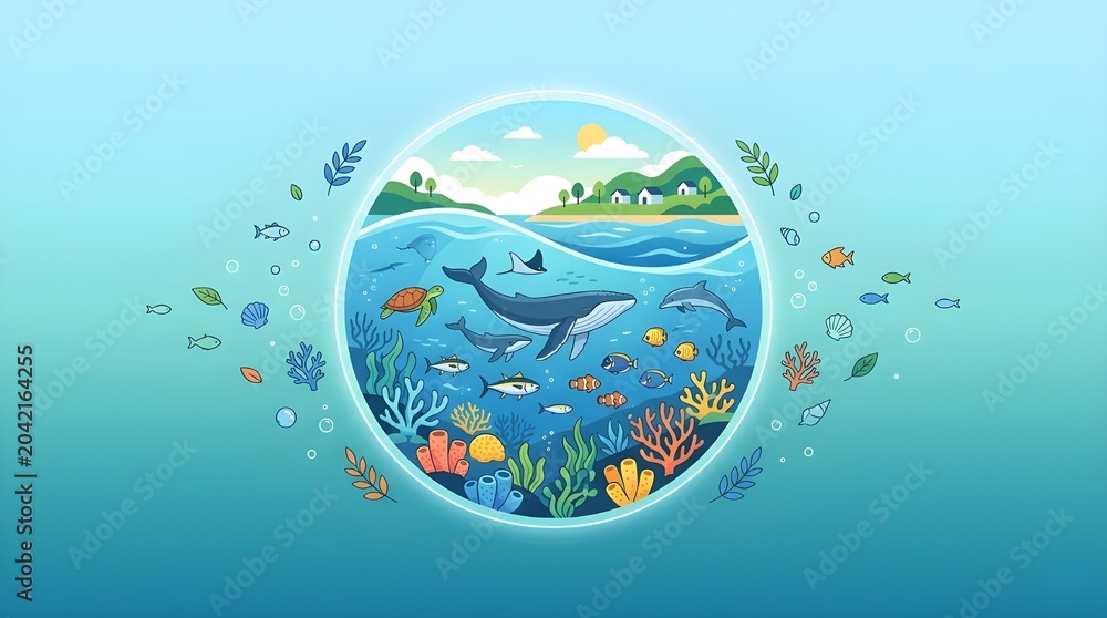 Fototapeta premium World Oceans Day Concept Illustration with Marine Life Whale Dolphin Sea Turtle and Coral Reef Ecosystem in a Circle