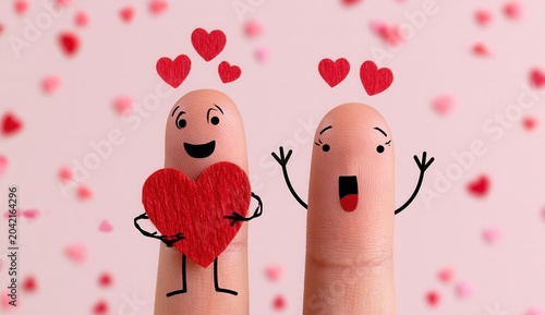 Two smiling finger characters celebrate with hearts and colorful confetti on a light pink background during a festive occasion