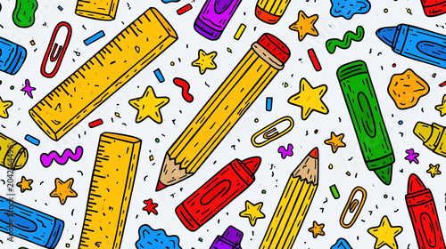 School supplies seamless pattern with colored pencil, ruler, crayon and star on white background