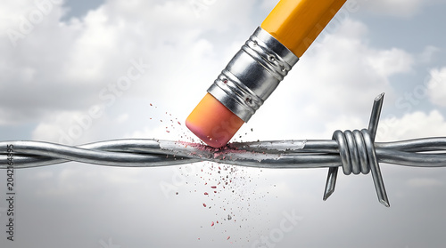 Pencil eraser removing a section of sharp barbed wire as a concept for peace or conflict resolution