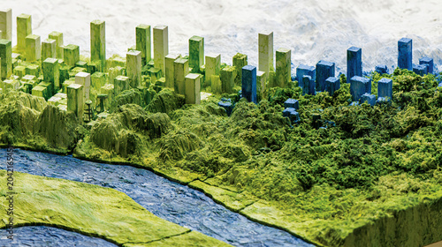 Urban heat island concept, miniature city melting into green landscape