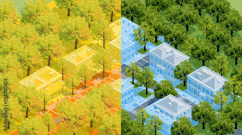 Urban heat island concept miniature city blocks melting buildings forest contrast climate change heat map green landscape urban planning