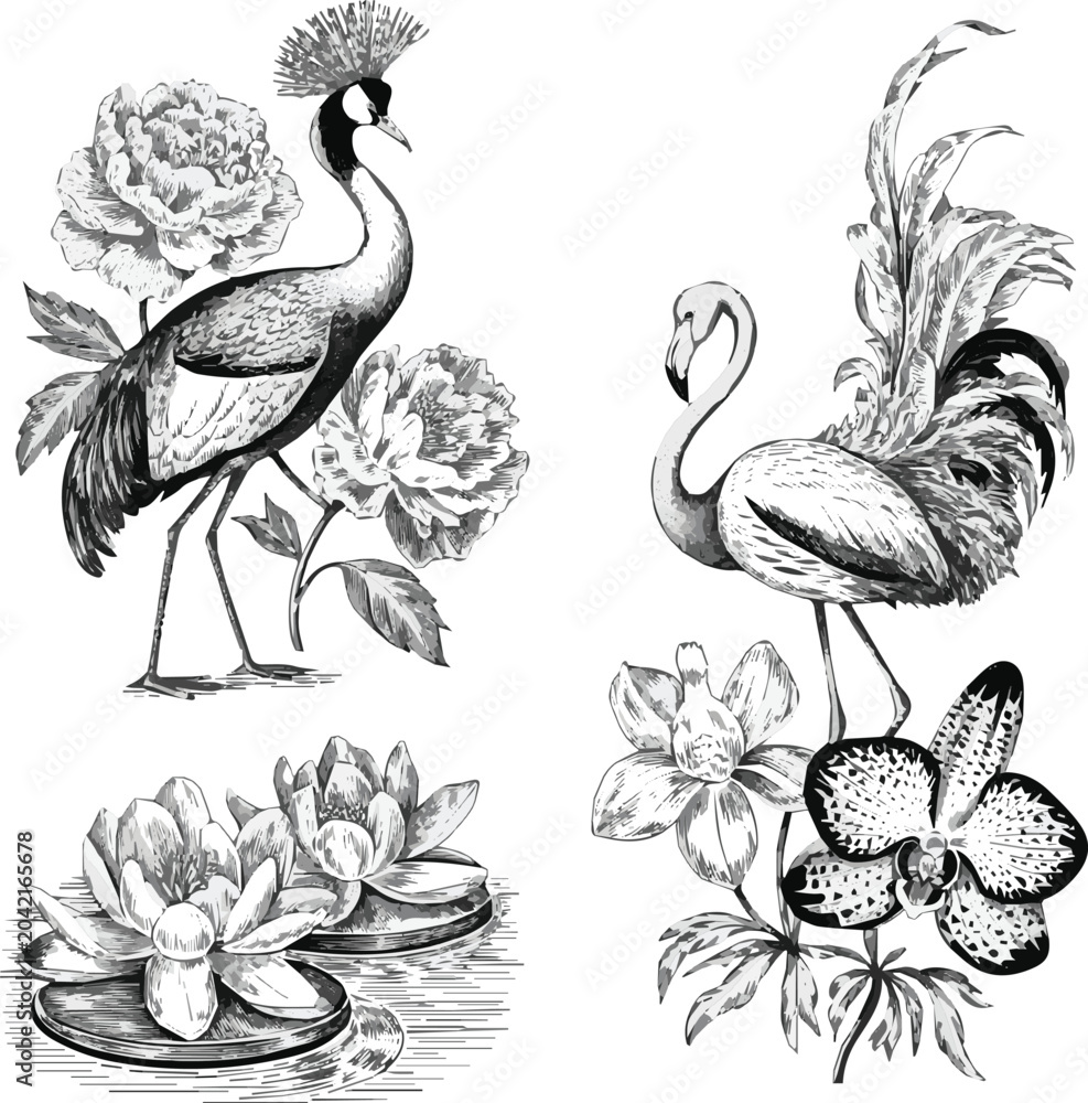 Naklejka premium Isolated on Vintage engrave Crowned Crane and peonies, flamingo and water lily, pheasant and orchid vector art on white background